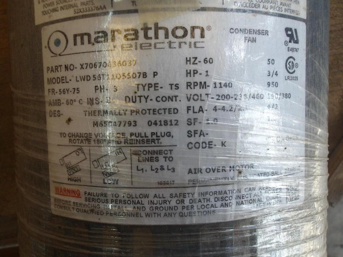 Used MARATHON 1HP DIRECT DRIVE FAN MOTOR, 1140 RPM, FR 56Y-75, #81115G NEW