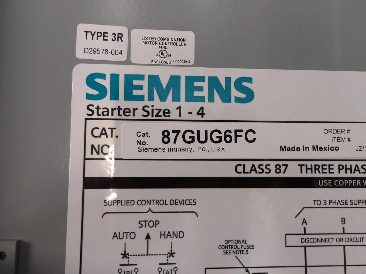Used SIEMENS 87GUG6FC MOTOR CONTROL W/ STARTER, #1211110G NEW