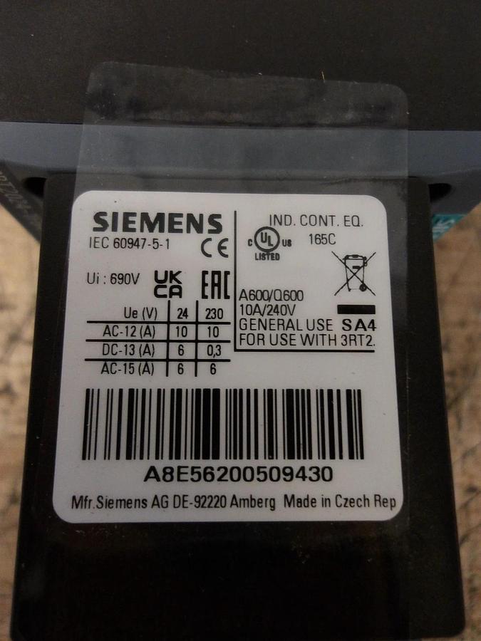 SIEMENS 12 AMP CONTACTOR 24/400 V, #77225G NIB