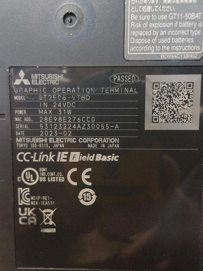 Used MITSUBISHI GOT2000 GRAPHIC OPERATION TERMINAL GT2508-VTBD, #16847G USED