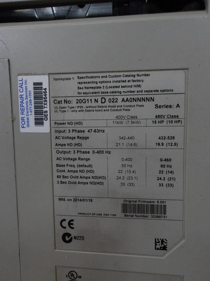 Used ALLEN BRADLEY 15/10 HP POWERFLEX 755 CONTROLLER 20G11N D 022 AA0NNNNN, #32851G