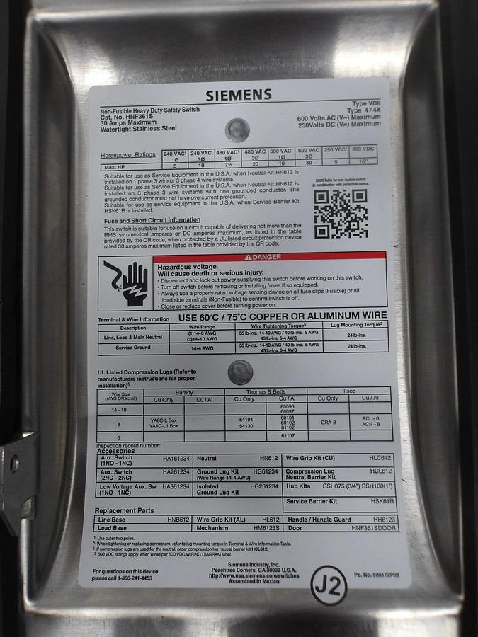 Used SIEMENS 30 AMP S/S SAFETY SWITCH 600VAC/250VDC, #720108G NEW
