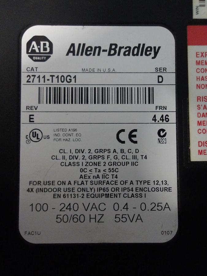 Used ALLEN BRADLEY 2711-T10G1 PANELVIEW PLUS 1000, #47254G PARTS ONLY