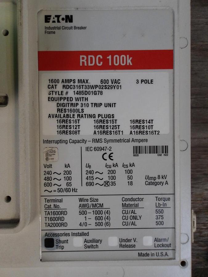 Used EATON 1500 AMP CIRCUIT BREAKER RDC316T33WP02S29Y01, #6121021G USED