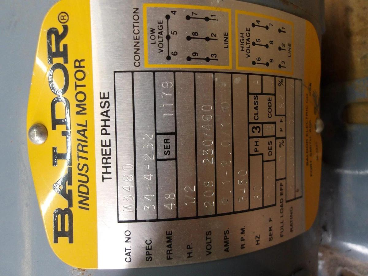 Used BALDOR 1/2 HP MOTOR, FR 48, 3450 RPM, 208-230/460 V, #11141025G NEW