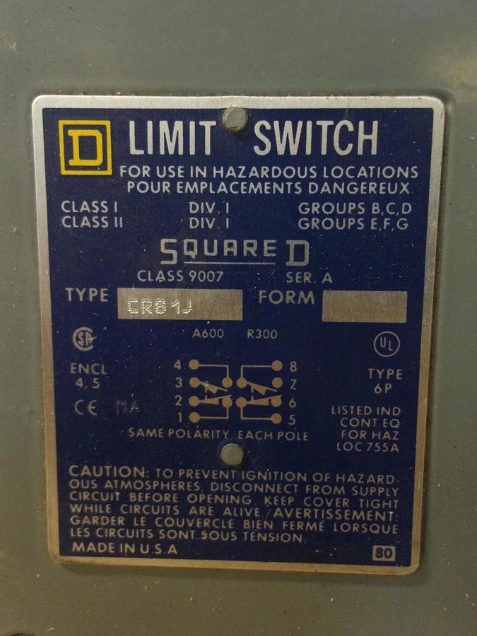 Used SQUARE D CR61J LIMIT SWITCH, #36907G NEW