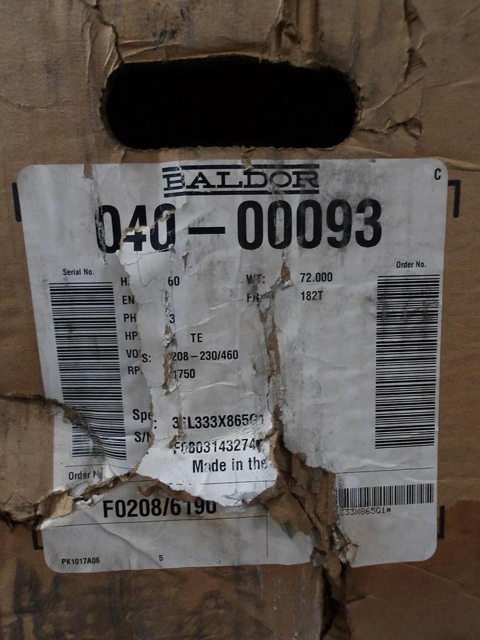 Used BALDOR RELIANCE 3 HP MOTOR, 1750 RPM, 182T FR, 208-230/460 V, #691012G NEW
