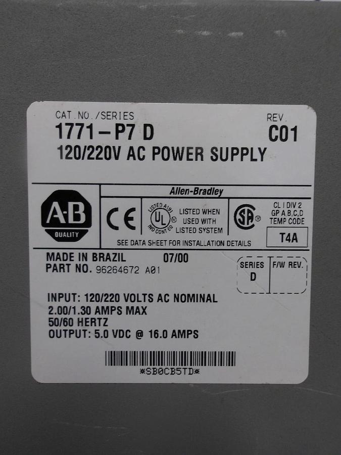 Used ALLEN BRADLEY 1771-P7 D POWER SUPPLY, 120-220 V, #919208G USED