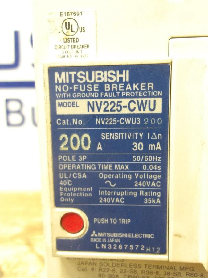 Used MITSUBISH 200 AMP CIRCUIT BREAKER NV225-CWU, #123208G USED