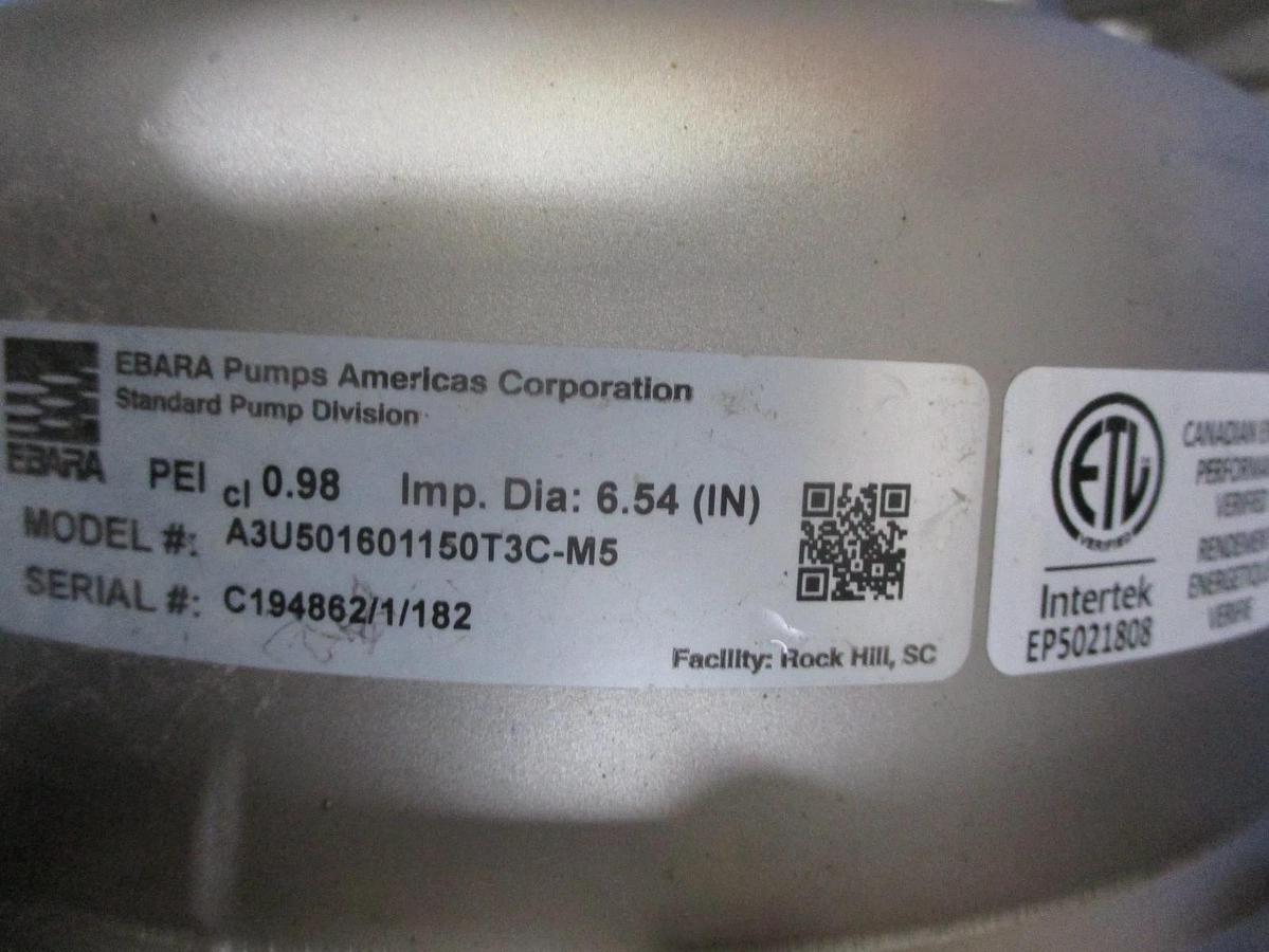 Used EBARA 2" X 2-1/2" STAINLESS 15 HP PUMP, #612955J NEW