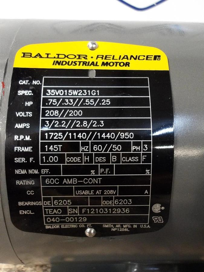 BALDOR RELIANCE .75/.33/.55/.25 MOTOR, 208/200 V, 145T FR, #69121G NIB
