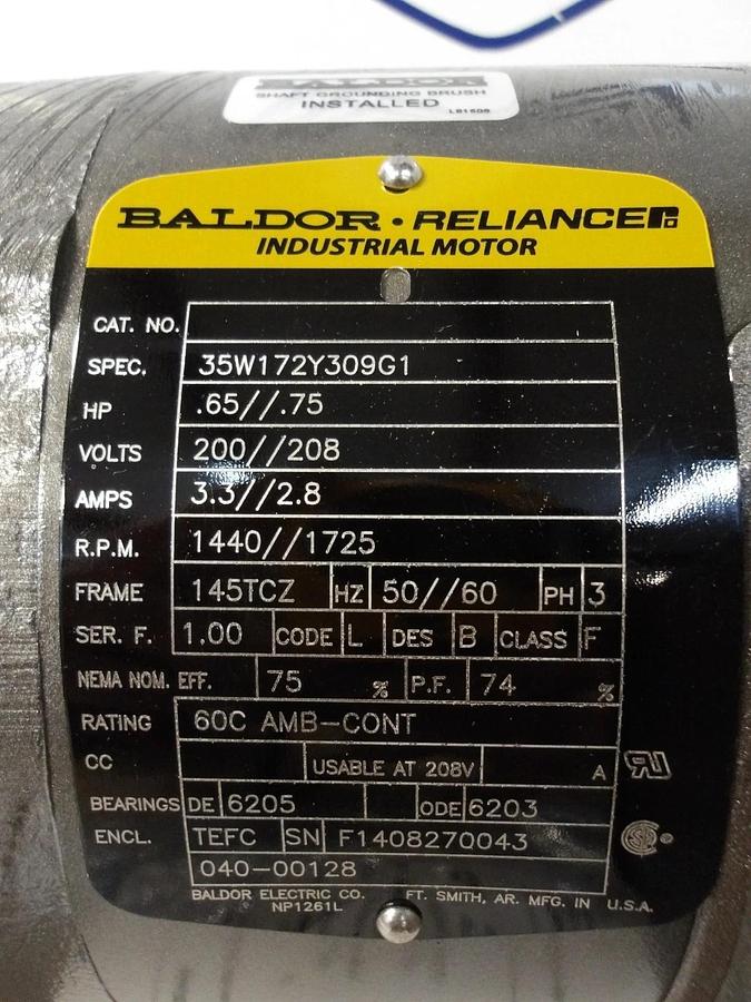 BALDOR RELIANCE .65/.75 HP MOTOR, 1440/1725 RPM, 200-208 V, 145TCZ FR, #651032G
