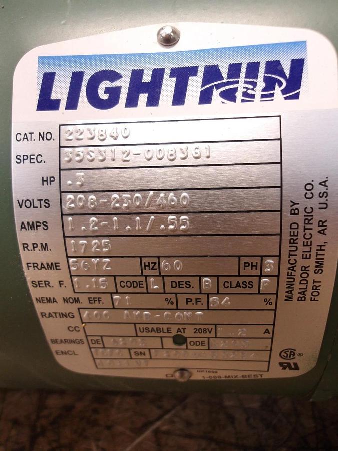 Used SPX 0.3 HP LIGHTNIN MIXER MOTOR, FR 56YZ, 1725 RPM, #213145G USED