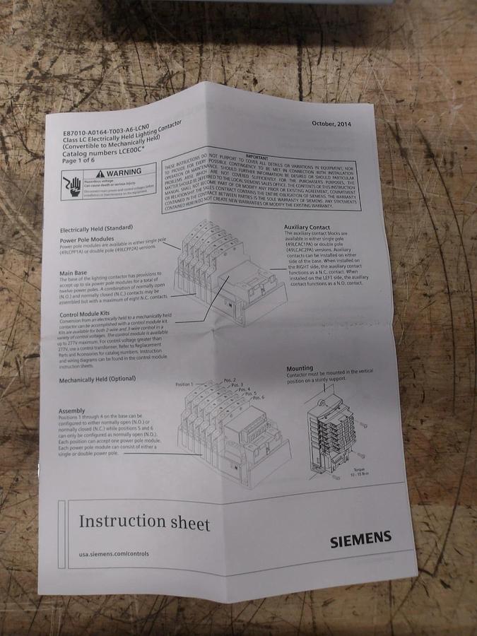 Used SIEMENS LCE01C004120A ELECTRICALLY HELD LIGHTING CONTACTOR, #630951G NEW