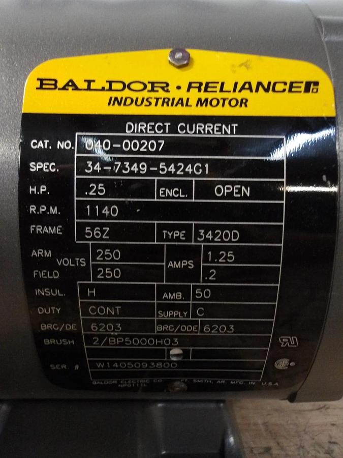 BALDOR RELIANCE .25 HP MOTOR, 250 V, FR 56Z, 1140 RPM, #69836G NIB