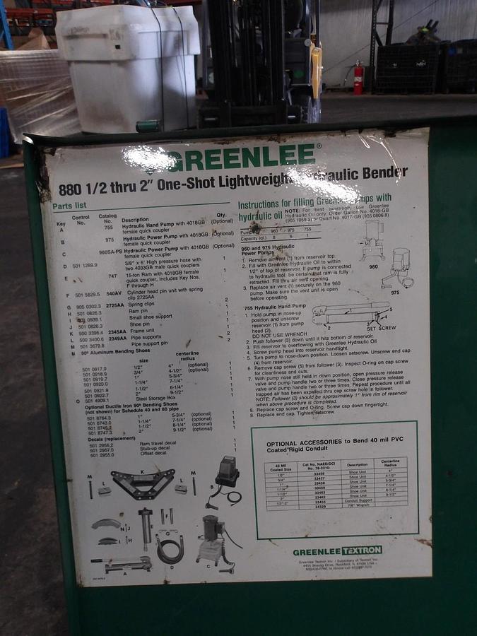Used GREENLEE 880 LIGHT WEIGHT HYDRAULIC BENDER, #3101236G USED