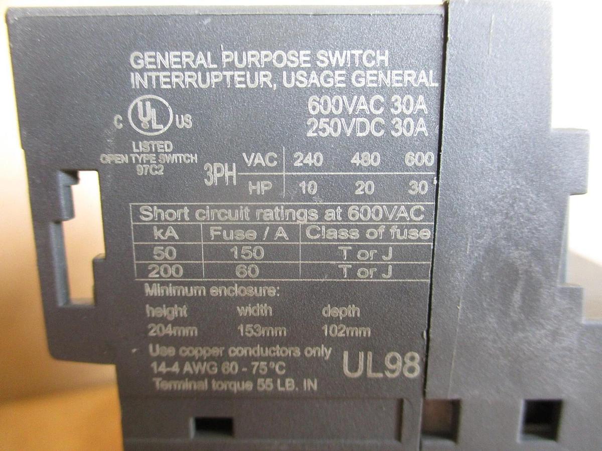 Used ABB OT30F3 GENERAL PURPOSE SWITCH 600 VAC/250 VDC, #4181133J NEW