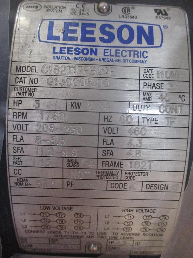 LEESON 3 HP MOTOR, FR 182T, 208-230/460 V, 1760 RPM, #69812J NIB