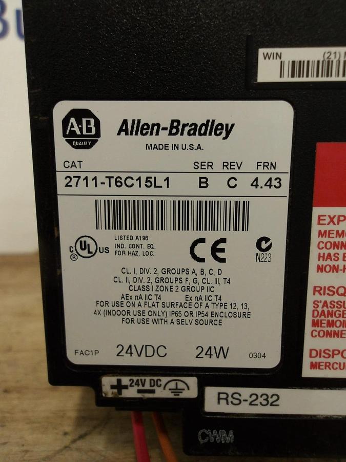 Used ALLEN BRADLEY PANELVIEW 600 TOUCH SCREEN 2711-T6C15L1, #64220G USED
