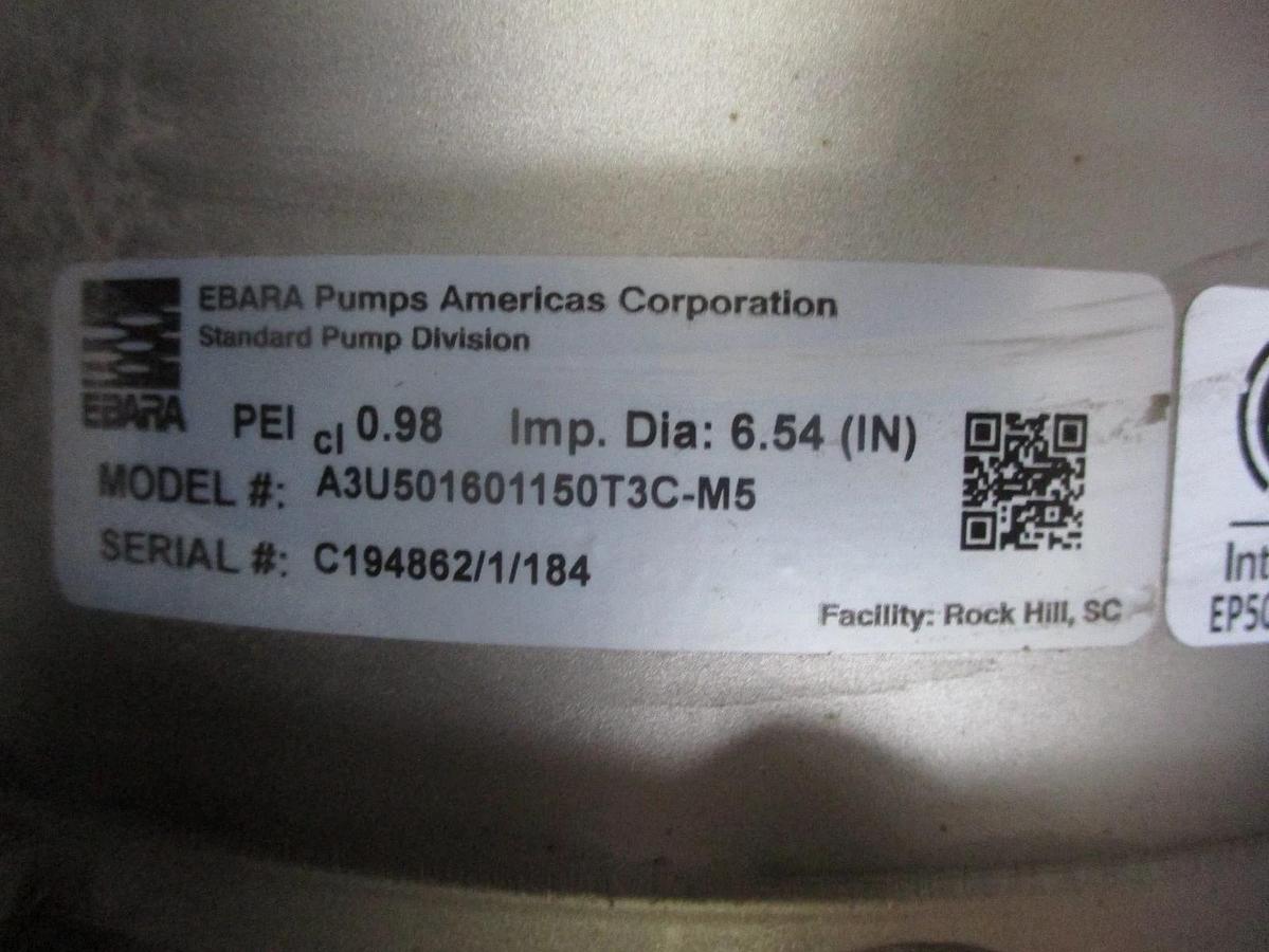 Used EBARA 2" X 2-1/2" STAINLESS 15 HP PUMP, #612935J NEW
