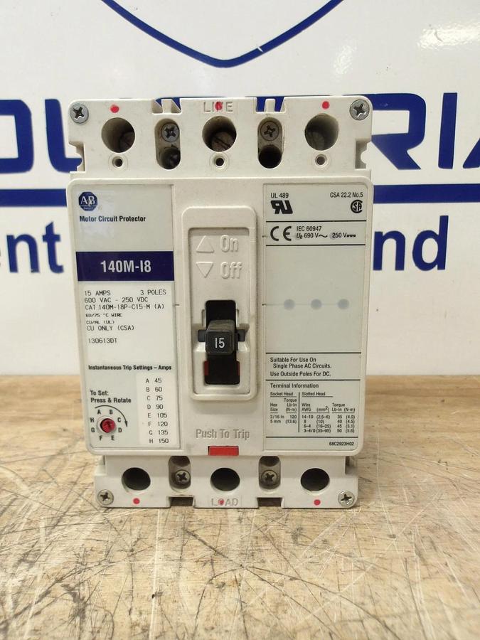 Used ALLEN BRADLEY 15 AMP BREAKER 250VDC/600VAC, #77848G USED