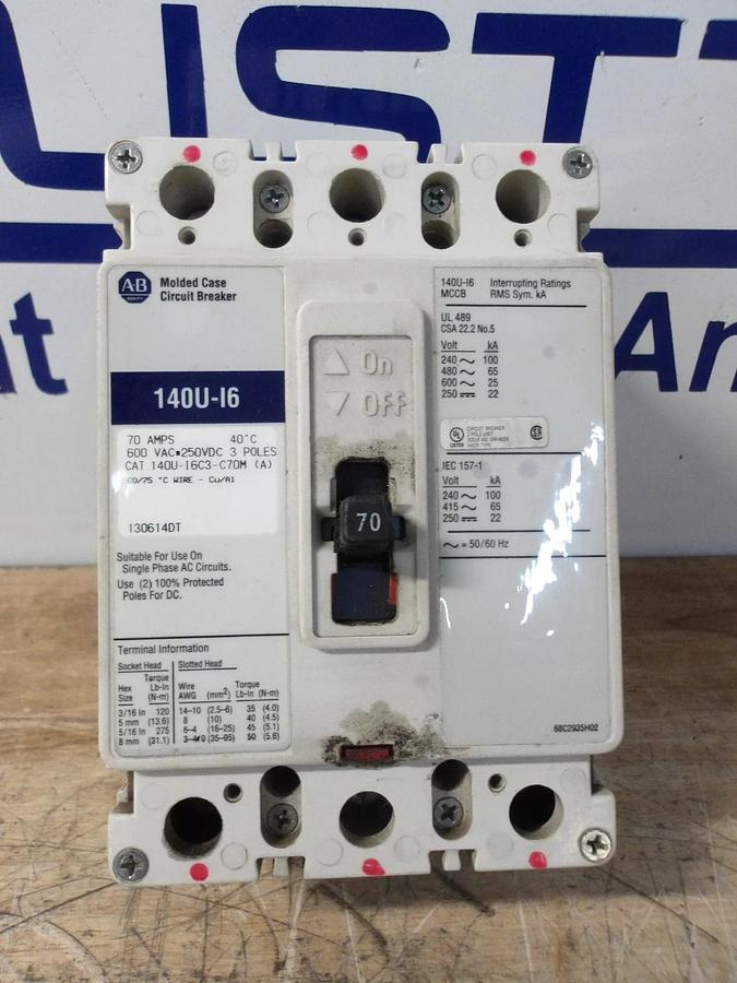 Used ALLEN BRADLEY 70 AMP BREAKER, 600VAC/250VDC, #626315G USED