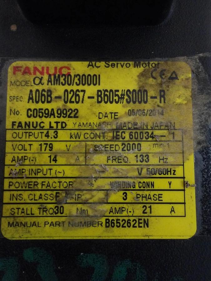 Used FANUC A06B-0267-B605 S000-R AC SERVO MOTOR, 2000 RPM, #5141110G REMANUFACTURED