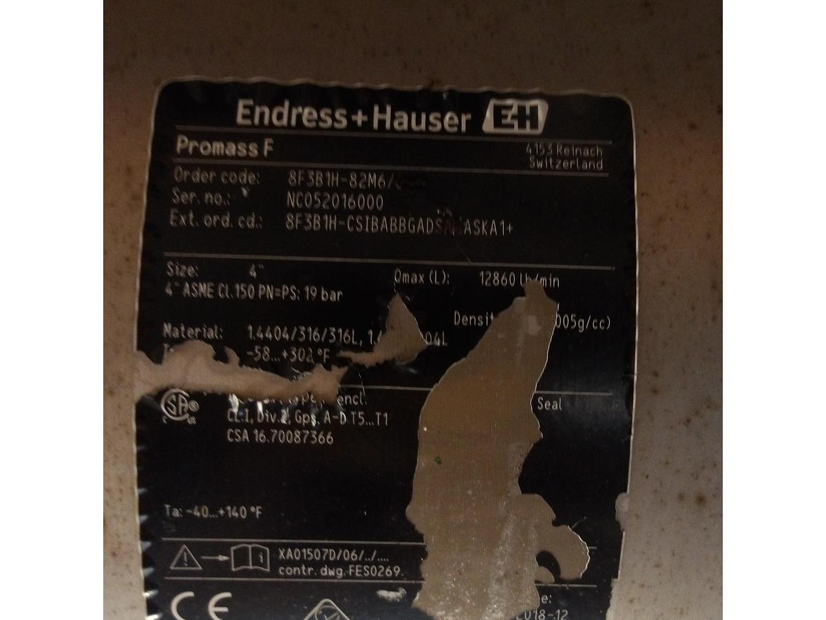 Used ENDRESS HAUSER PROMASS 4" MASS FLOW TUBE