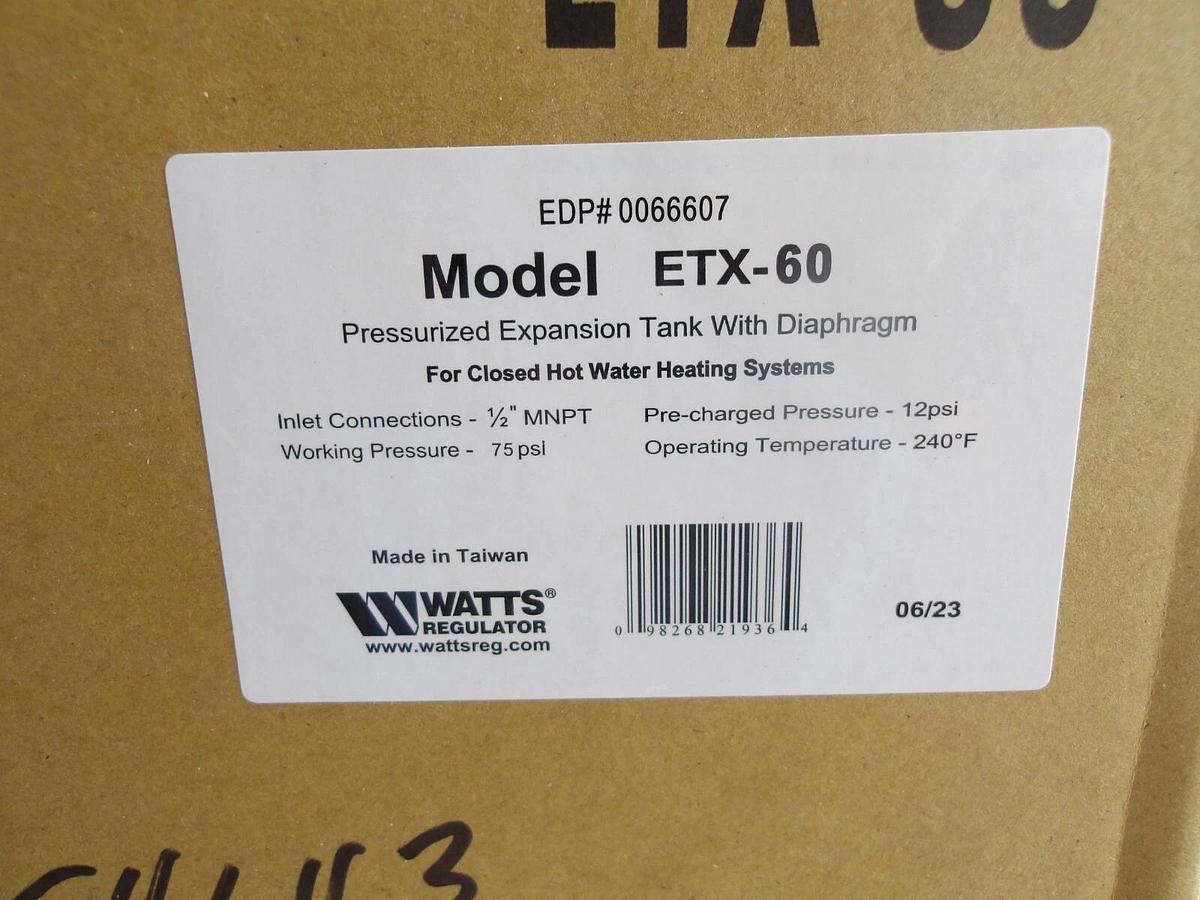 Used WATTS ETX-60 HOT WATER EXPANSION TANK 12 GAL, #8201015G NIB