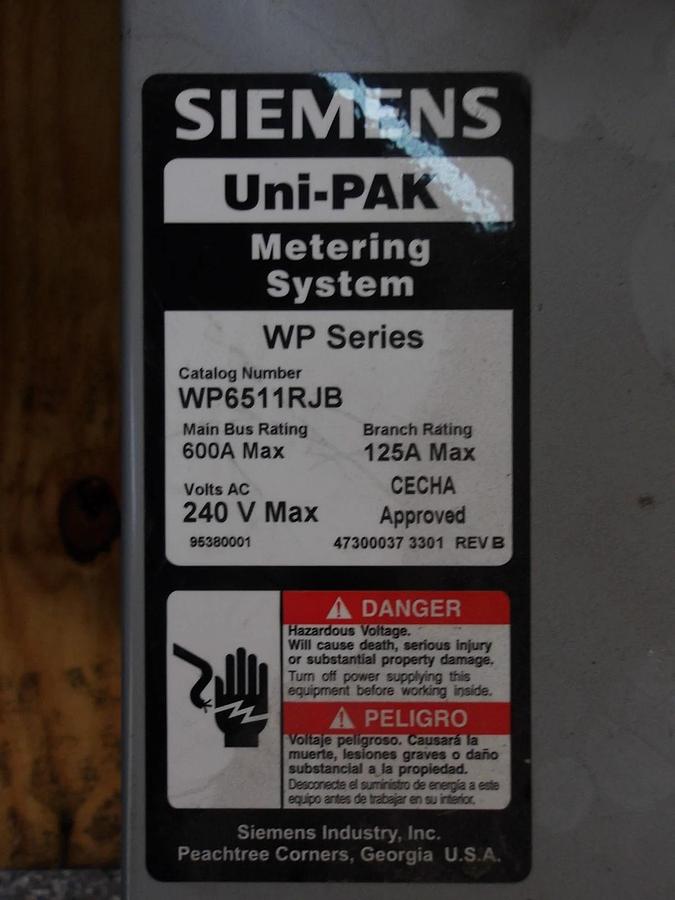 Used SIEMENS 5 GANG METERING SYSTEM WP6511RJB, 240 V, 600 A, #6121054G USED