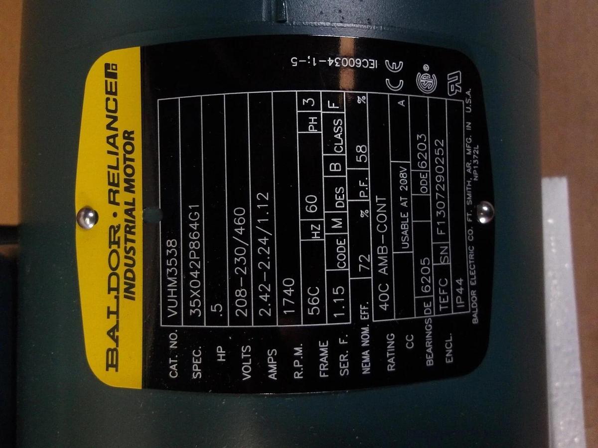 Used BALDOR RELIANCE .5 HP MOTOR, FR 56C, 1740 RPM, 208-230/460 V, #1016815G NEW