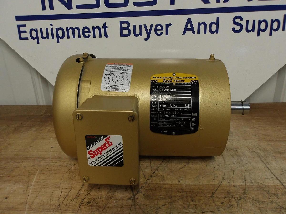 Used BALDOR RELIANCE 1 HP SUPER E MOTOR, FR 143TC, 1760 RPM, 208/230-460 V, #721128G