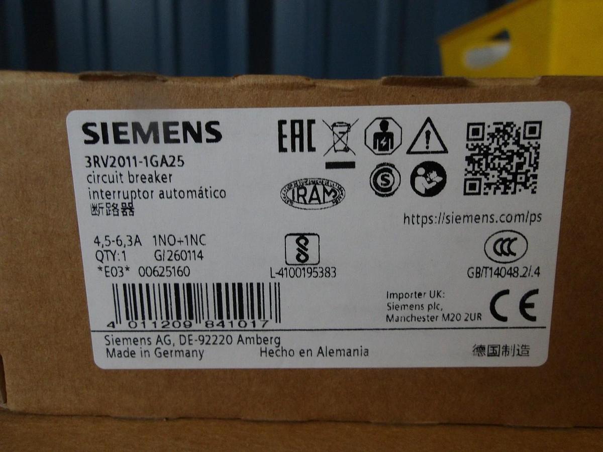 SIEMENS 3RV2011-1GA25 CIRCUIT BREAKER 4.5/6.3 AMP, #113141G NIB