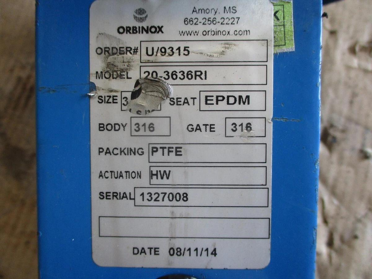 Used ORBINOX 3" STAINLESS KNIFE GATE VALVE, #731020J NEW