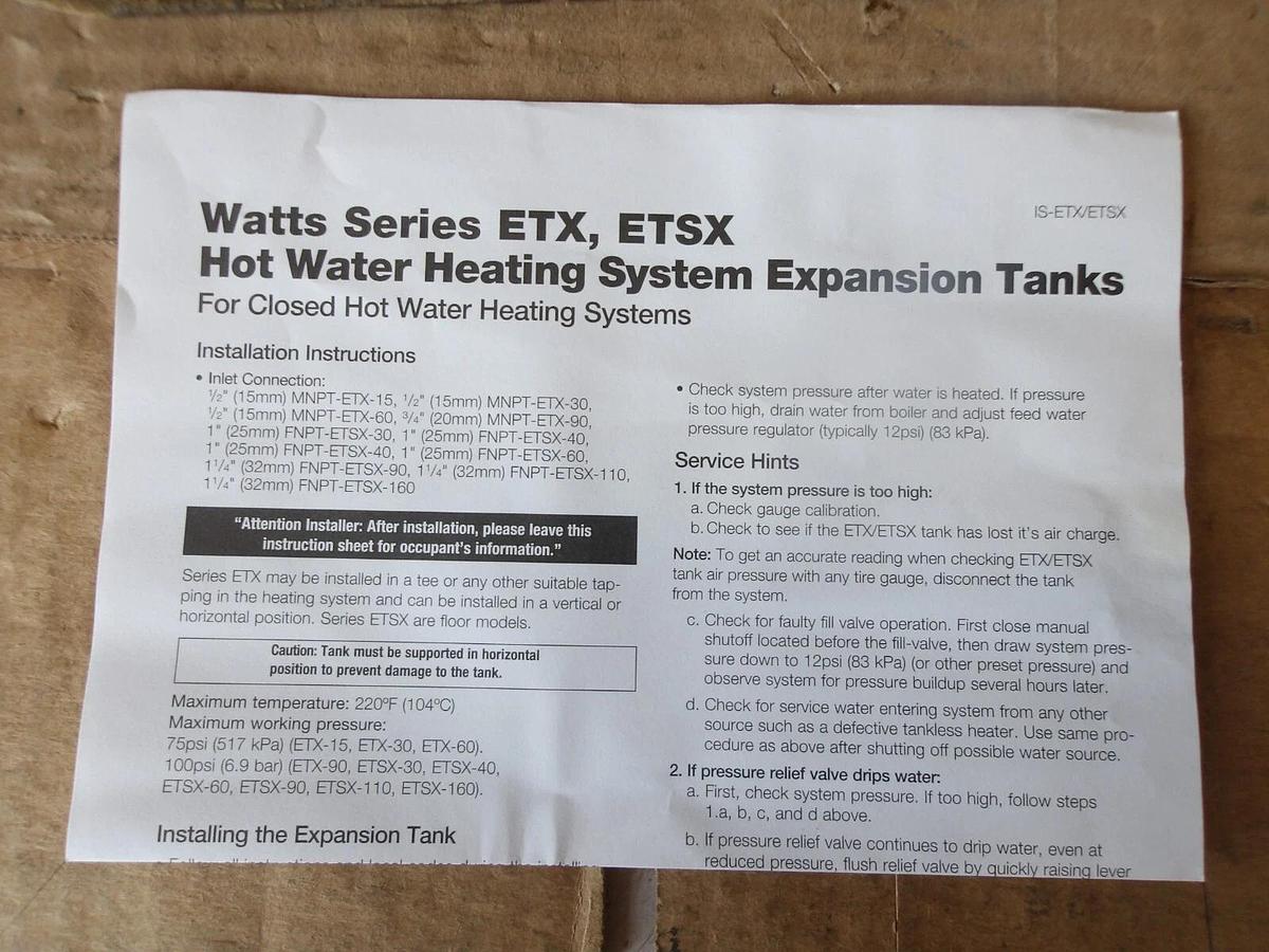 Used WATTS ETX-60 HOT WATER EXPANSION TANK 12 GAL, #8201015G NIB