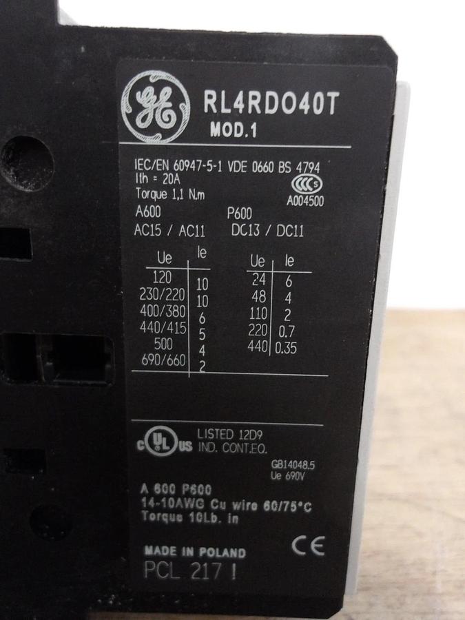 GE RL4RD040TD AUXILIARY RELAY, #521205G NIB
