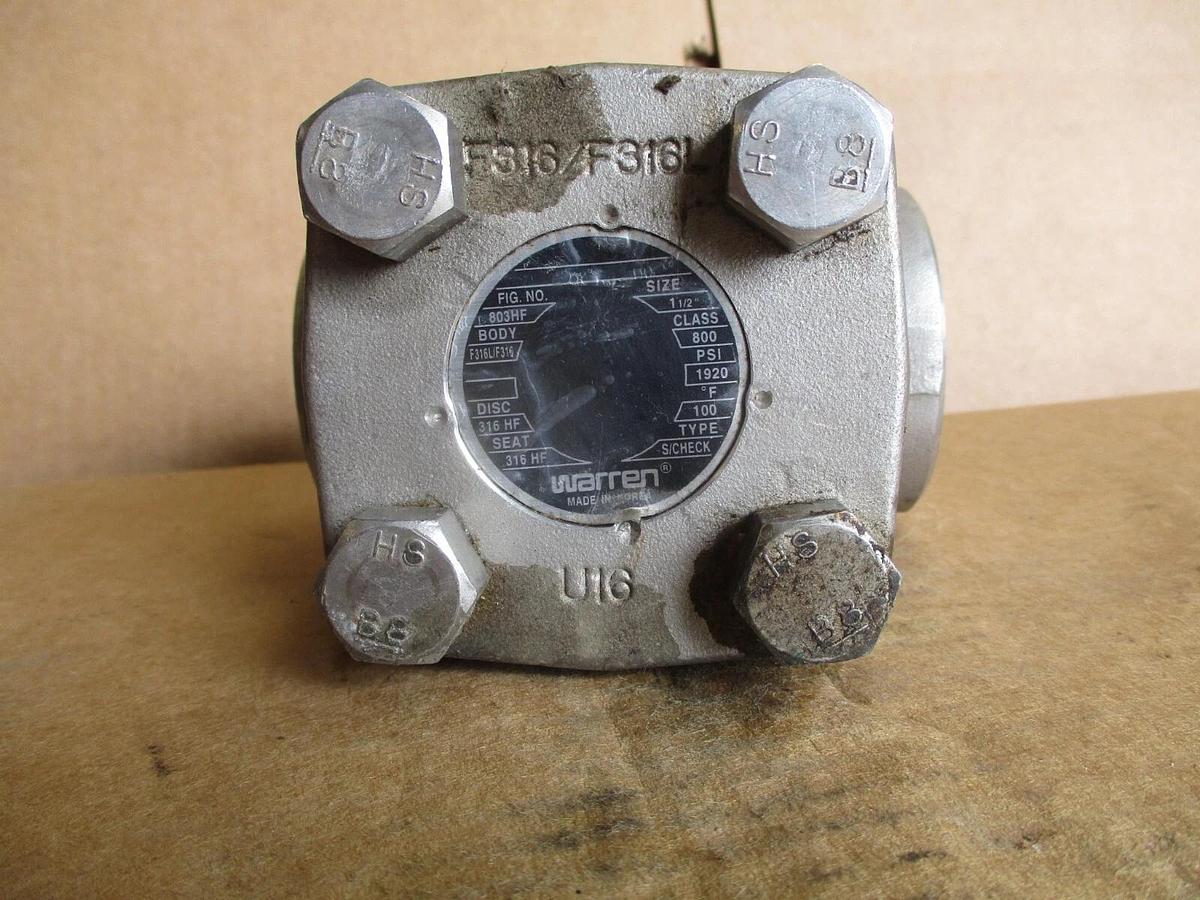 Used WARREN 1-1/2" SWING CHECK VALVE (STAINLESS) F316L, #4161044J NEW