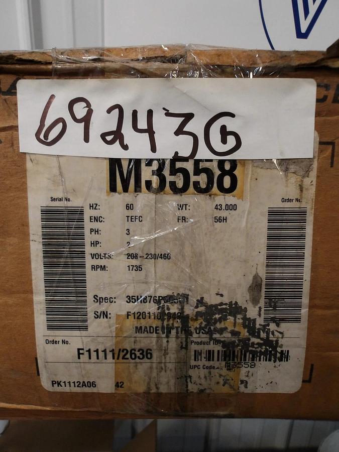 BALDOR 2 HP MOTOR, 208-230/460 V, 1735 RPM, 56H FR, #69243G NIB