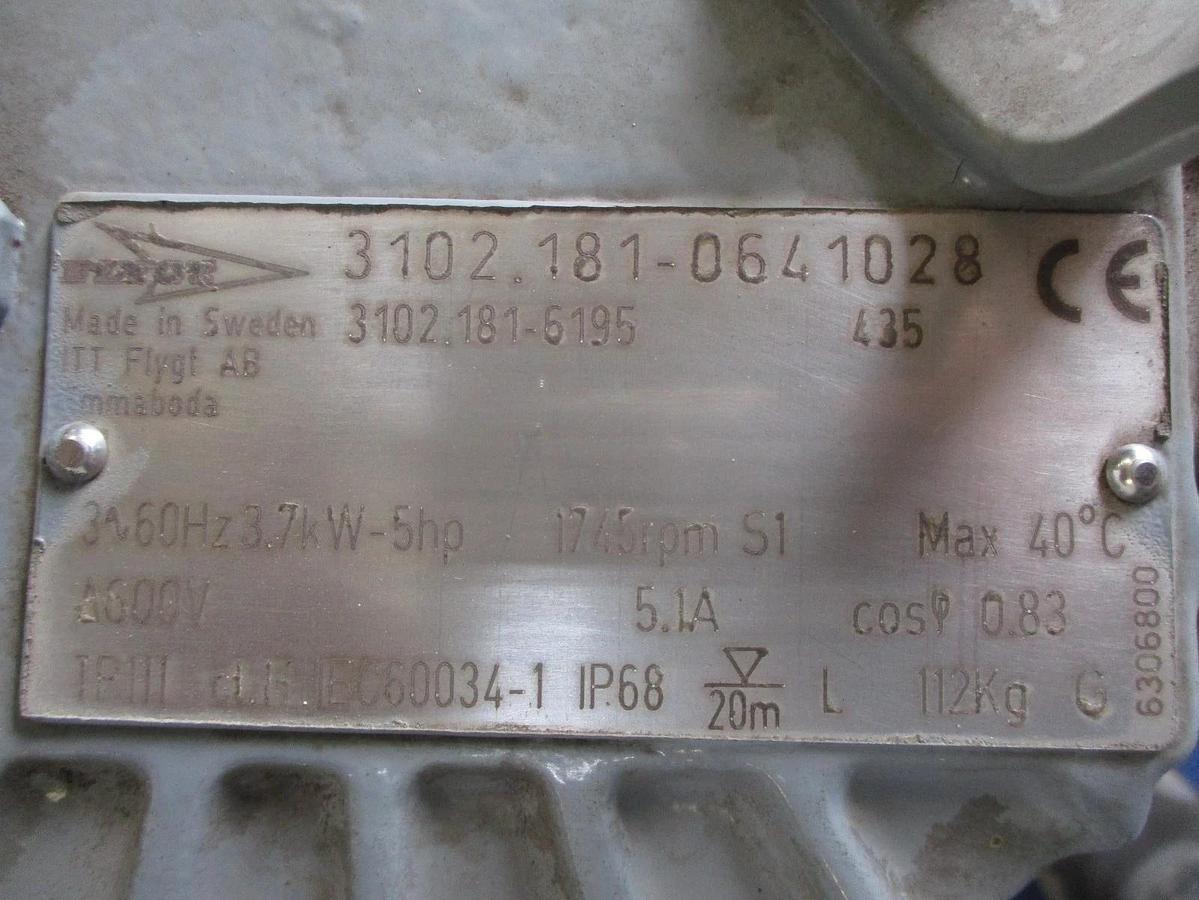 Used FLYGT 4" SUBMERSIBLE PUMP 5 HP, #68152JW NIC