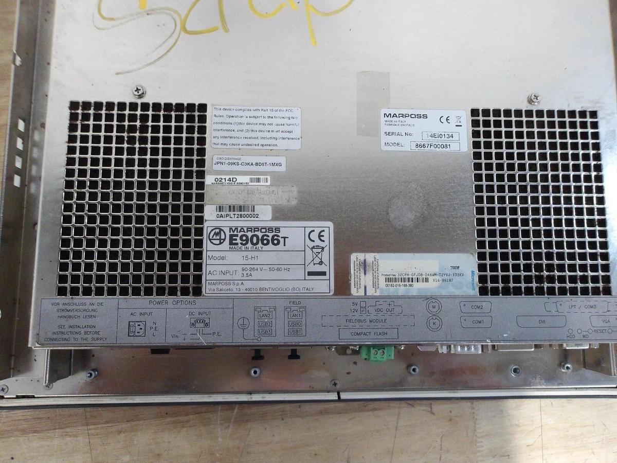 Used MARPOSS E9066T INDUSTRIAL COMPUTER 15-H1, #417323G PARTS ONLY