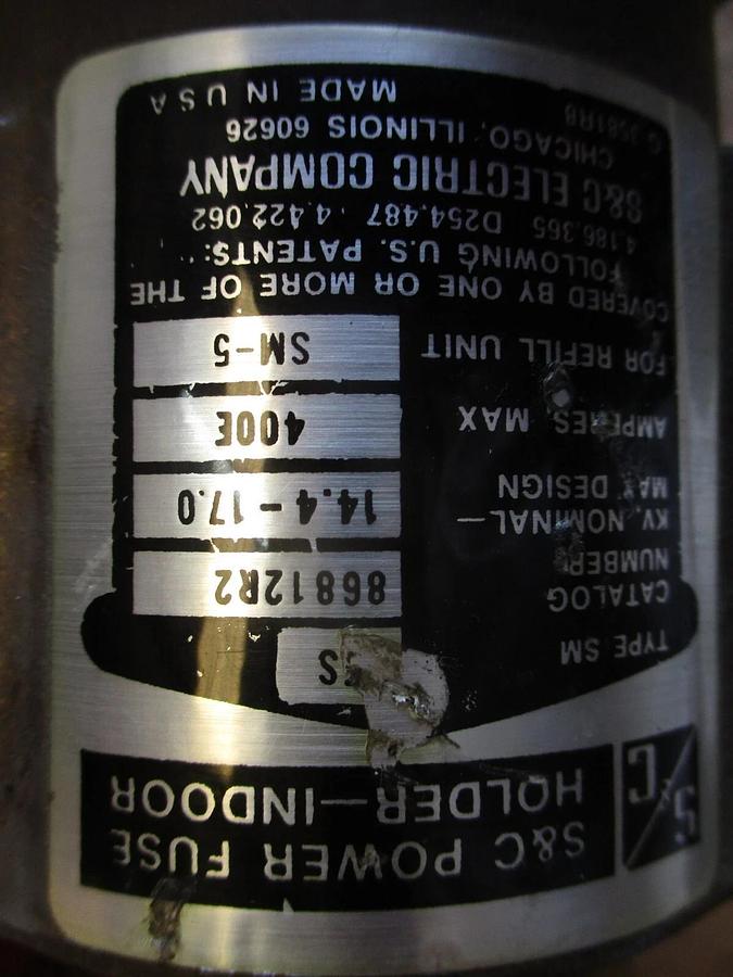 Used S & C SNUFFLER SM5S POWER FUSE HOLDER-INDOOR 86812R2, #4261244J USED