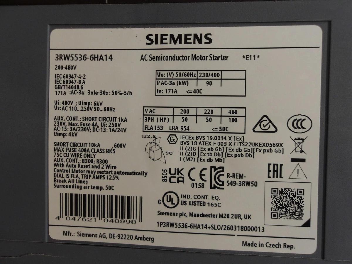 Used SIEMENS 3RW5536-6HA14 SOFT STARTER 200-480 V, #6301103G PARTS ONLY