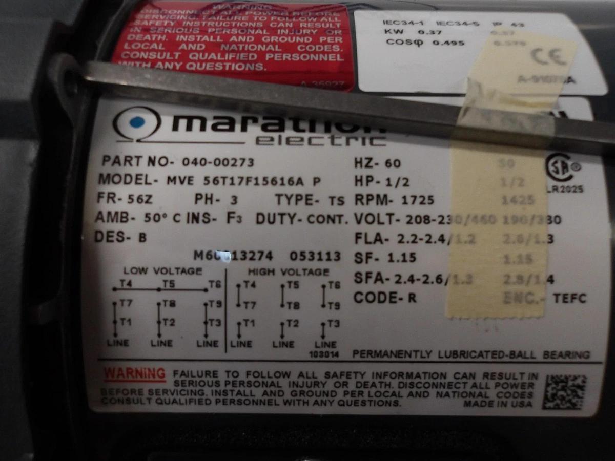 MARATHON 1/2 HP MOTOR, 1725 RPM, 56Z FR, #65146G NIB