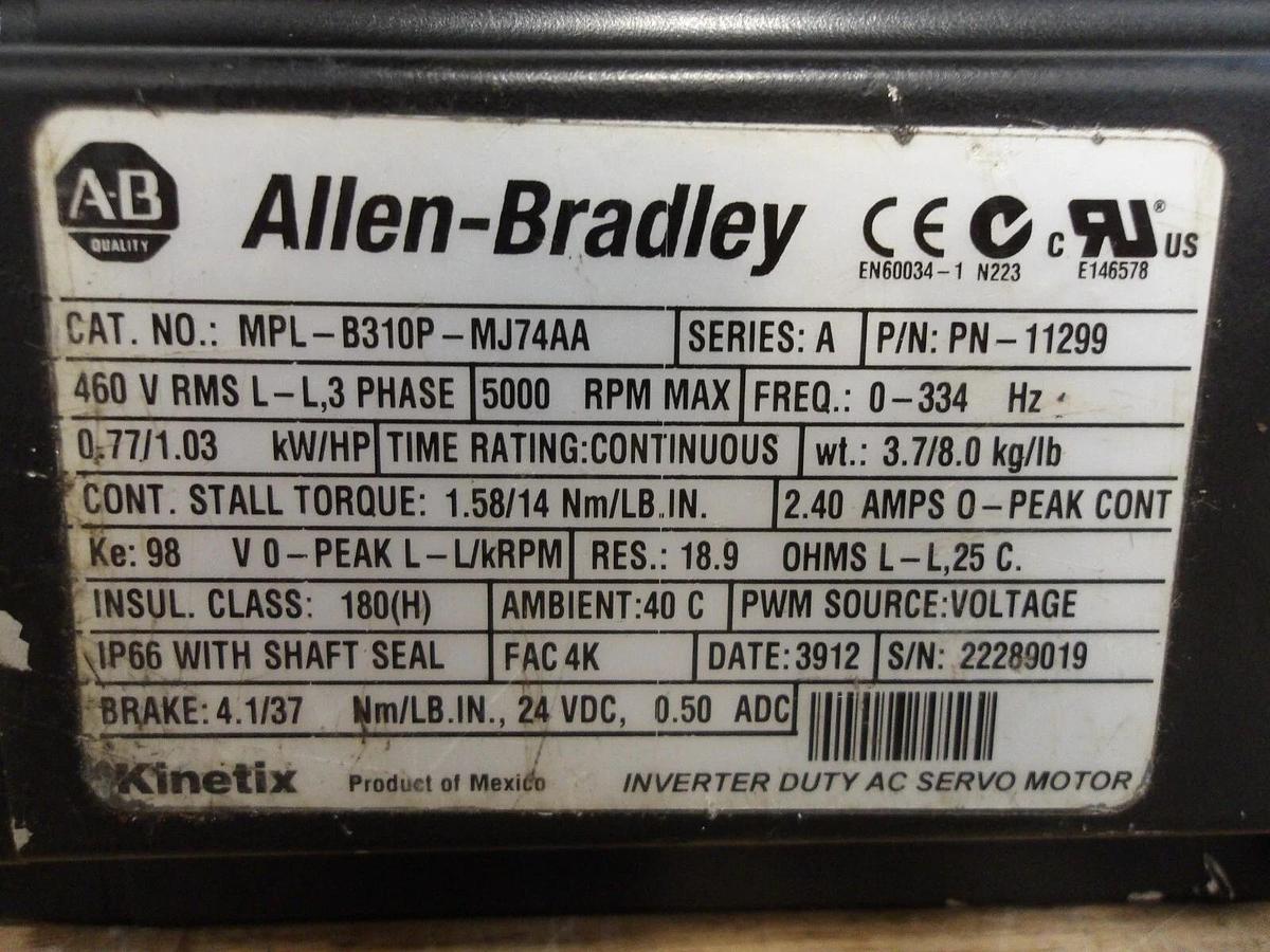 Used ALLEN BRADLEY MPL-B310P-MJ74AA SERVO MOTOR 5000 RPM, #56257G NEW
