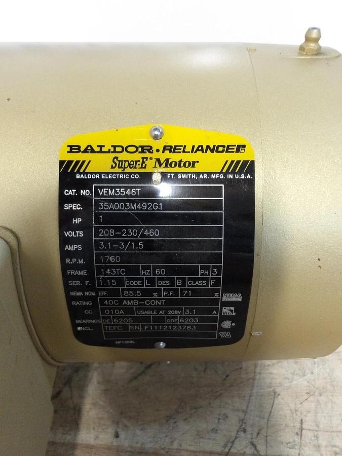 Used BALDOR RELIANCE 1 HP SUPER E MOTOR, FR 143TC, 1760 RPM, 208/230-460 V, #721128G