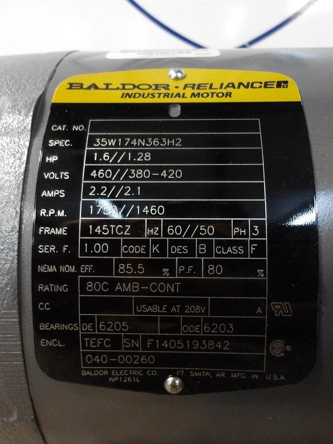 BALDOR RELIANCE 1.6/1.28 HP MOTOR, 1750/1460 RPM, 460/380-420 V, #69851G NIB