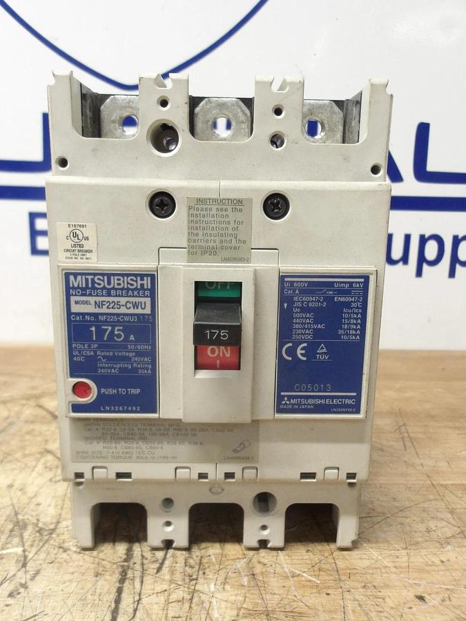 Used MITSUBISHI 175 AMP CIRCUIT BREAKER NF225-CWU, 240 V, #123216G USED
