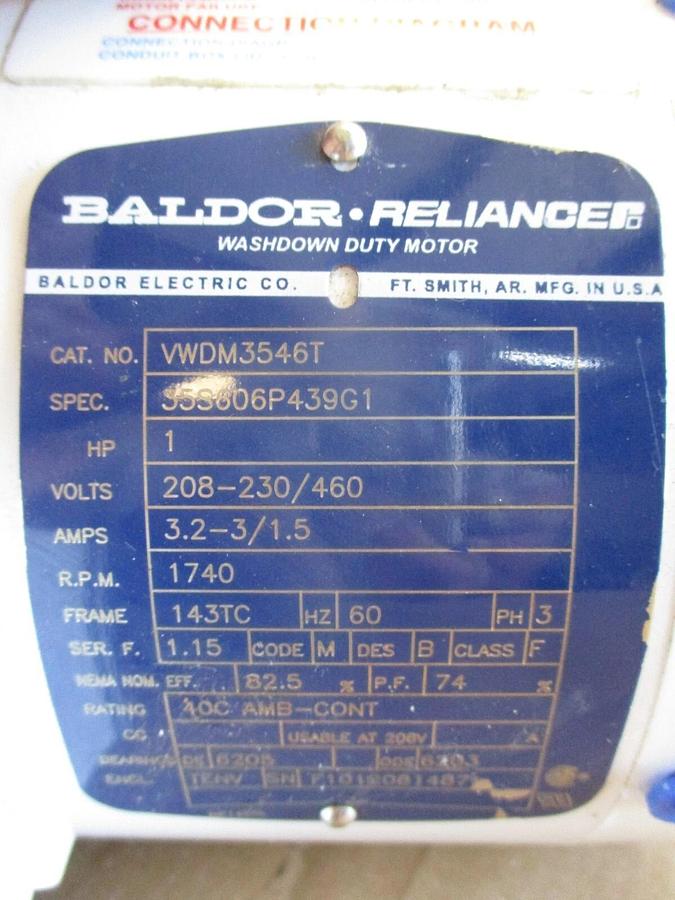 Used BALDOR-RELIANCE 1 HP WASHDOWN MOTOR, #610204J NEW