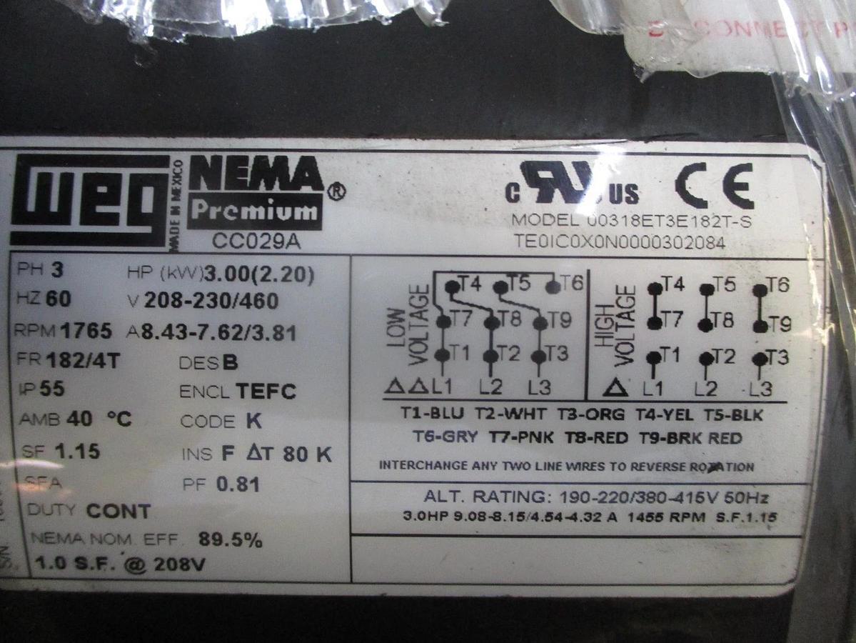 WEG 3 HP MOTOR, FR 182/4T, 208-230/460 V, 1765 RPM, #69842J NIB