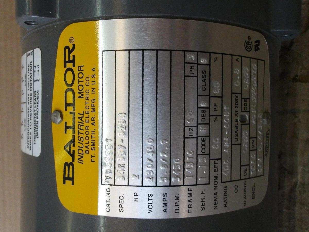 Used BALDOR 2 HP INDUSTRIAL MOTOR, FR 143TC, 3450 RPM, 230/460 V, #81330G NEW